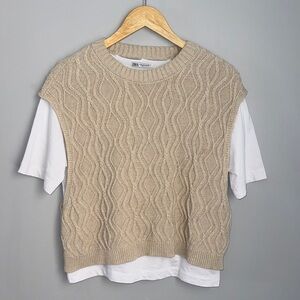 Zara Tan Cable Knit Sweater Vest with white t shirt under size M